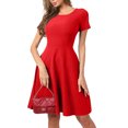 thumbnail image 1 of Elegant Short Sleeve Pleated Swing Round Neck Solid Color Loose Dress Women Casual Party Evening Gown Red S, 1 of 5