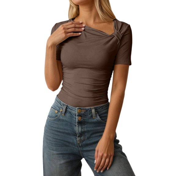 Elegant Short Sleeve T Shirt Womens Asymmetrical Neckline Top Solid Summer Casual Wear A-Brown M