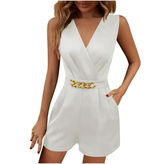 Elegant Shorts Rompers for Women Dressy Casual V-Neck Sleeveless Jumpsuits Shorts Back Zipper Pocket New White S