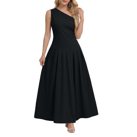 Elegant Off Shoulder Formal Evening Gown For Solid Color Party Dress With Flowy Skirt Solid Color Ladies Dress Soft Daily Dress For Women Black L