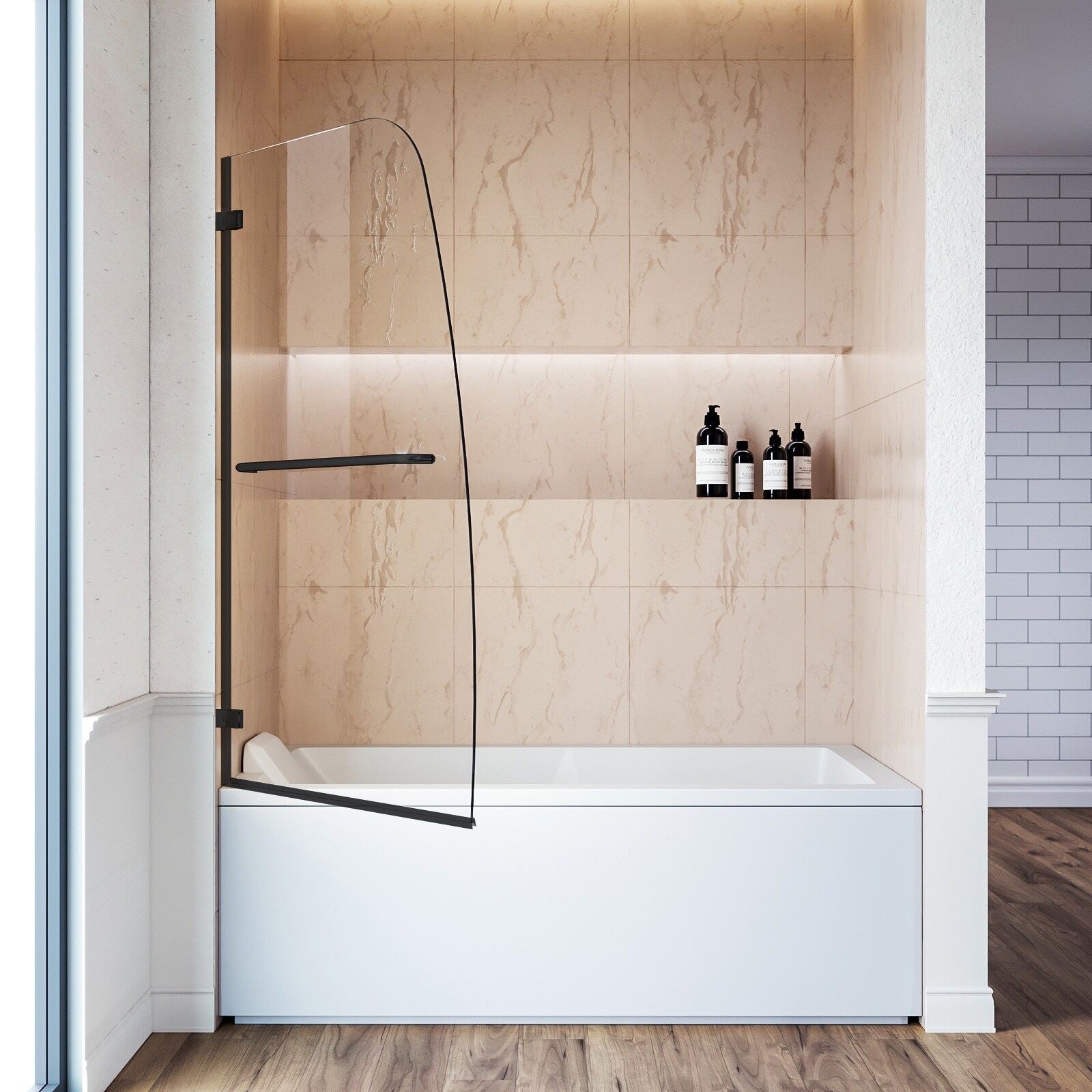 Elegant  Shower Doors for Bathtub Pivot Hinged Tub Door with 5/16" Glass Shower Door(Exclud Bathtub) Matte Black 34"W x 58"H Matte