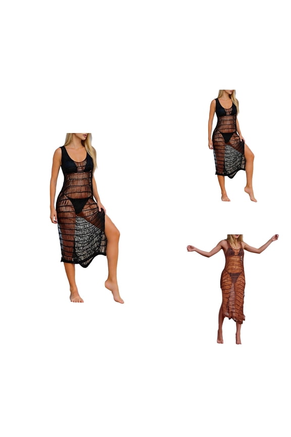 Elegant Side Slit Long Beach Cover Up Dress Breezy Crochet Knit Tunic for Women’s Summer Swimwear Outerwear with Hollow Out Detail
