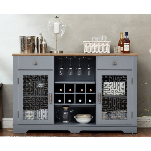 Elegant Sideboard Cabinet, 2 Drawers, Wine And Glass Rack, Gorgeous Door Cabinets, For Kitchen & Dining, Blue/ Oak Buffet With Drawers 8 Bottle Slots, Blue