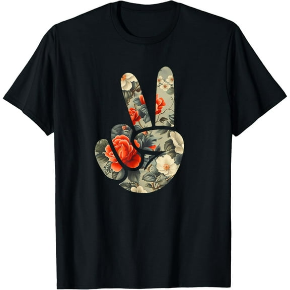 Elegant Silhouette Wildflowers Floral Peace Sign Hand T-Shirt100% cotton short-sleeved shirt for both men and women