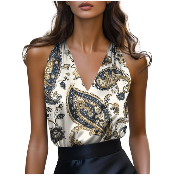 Elegant Silk Tank Tops Women Plus Size Summer Clothes Dressy Casual Floral Sleeveless Work Shirts Travel Outfits(Beige, L)