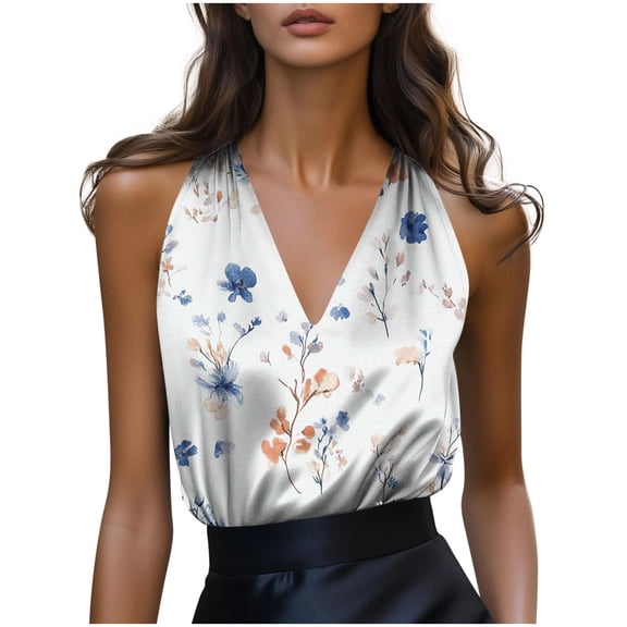 Elegant Silk Tank Tops Women Plus Size Summer Clothes Dressy Casual Floral Sleeveless Work Shirts Travel Outfits(Light Blue, L)