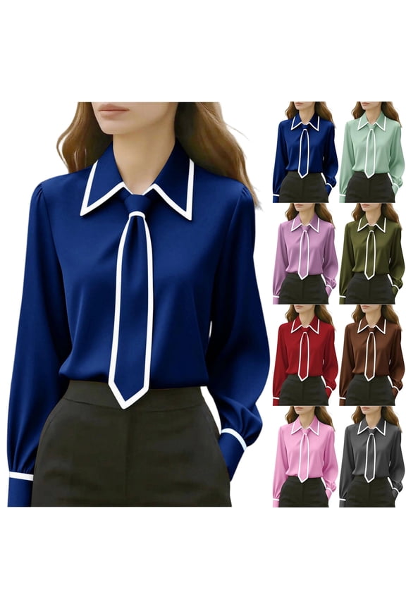 Elegant Silky Satin Blouses for Women Tie Neck Long Sleeve Lapel Collar Professional Business Casual Office Tops Shirts, #02 Dark Blue, XXL