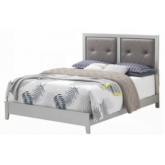 Elegant Silver Champagne Queen Bed with Transitional Features Measures 52"H x 64"W x 85"D. Built for durability and reliable support. Its stylish design fits different decor themes.