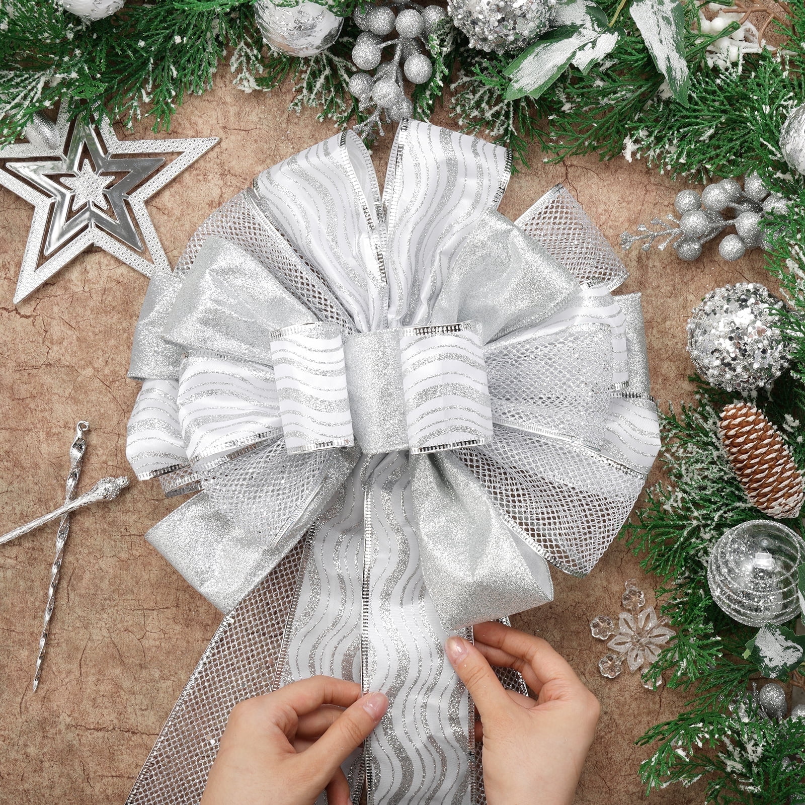 Elegant Silver Christmas Tree Topper – Glitter Satin Star with Flowing ...