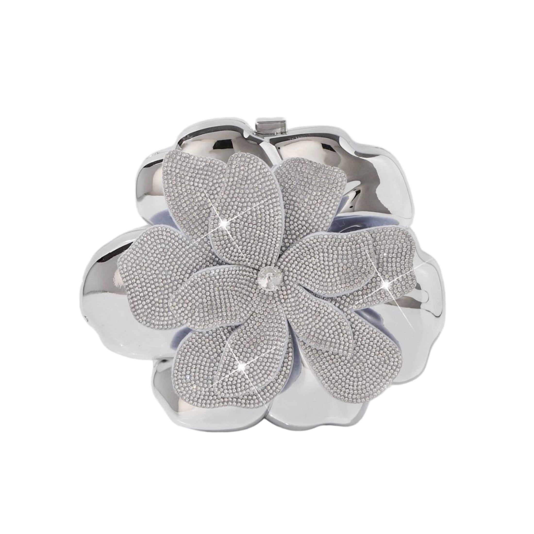 Elegant Silver Flower Acrylic Evening Clutch Bag with Crystal Rhinestones, Chain Strap, Luxurious Wedding Party Purse for Women