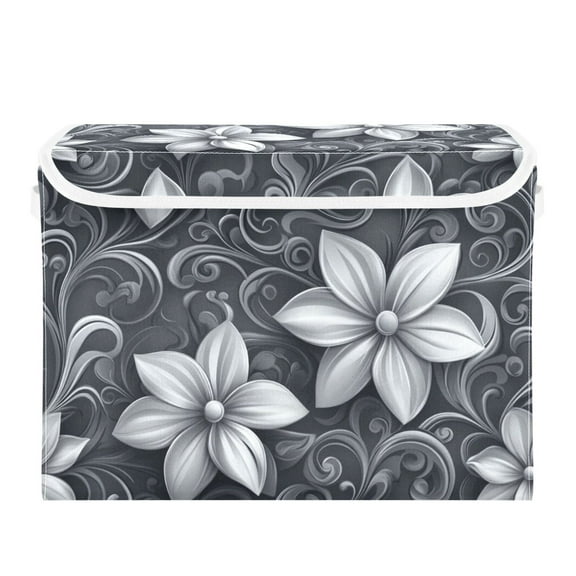 Elegant Silver Flower Design Large Storage Bins with Linen Collapsible Lid Storage Box 16.7 x 12.6 x 11.8in