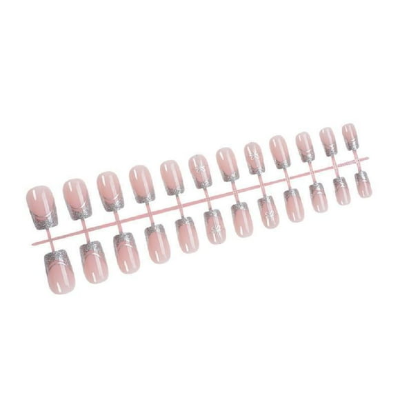 Elegant Silver Glittering Press On Nails False Nails French Tip Easy Application Stick on Nails for Parties 24Pcs