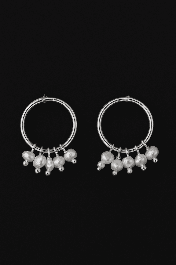 Elegant Silver Hoop Earrings with Natural Pearls – Handmade Dangle Style