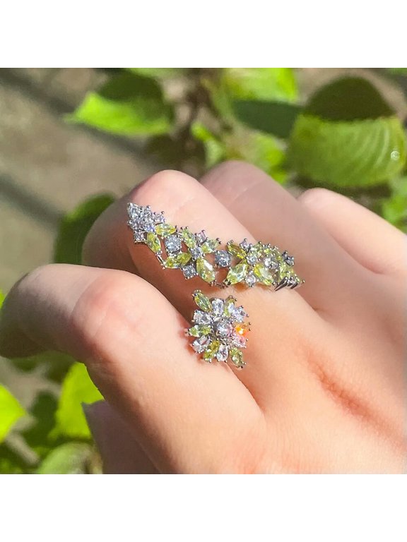Elegant Silver Plated Oval Green Adjustable Leaf Ring Women Cubic Zircon Jewelry