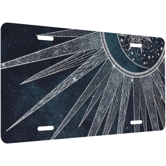 Elegant Silver Sun Moon Doodle Mandala Blue License Plate for Car or Truck, Aluminum Front License Plates with 4 Holes, 6×12 inch Decorative Novelty Metal Sign