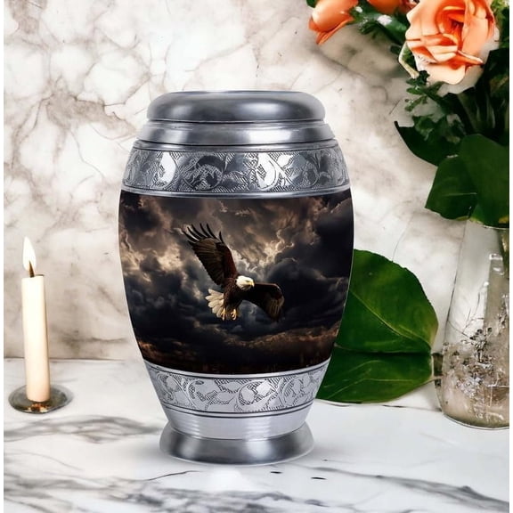 Elegant Silver Urn with Eagle design, Memorial Urn for Human Ashes, Decorative Keepsake Urn, Personalized Funeral Urn, Majestic Tribute Urn