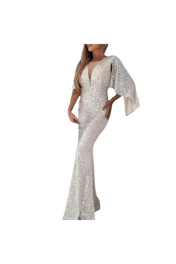 Elegant Silver Women's Evening Gown Wedding Guest Dress Formal Bridesmaid Gown Party Wear