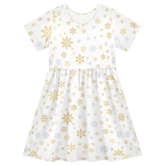Elegant Silver and Gold Snowflakes Short Sleeve Dress A-Line Cute Midi Casual Sundress 2-8 Years