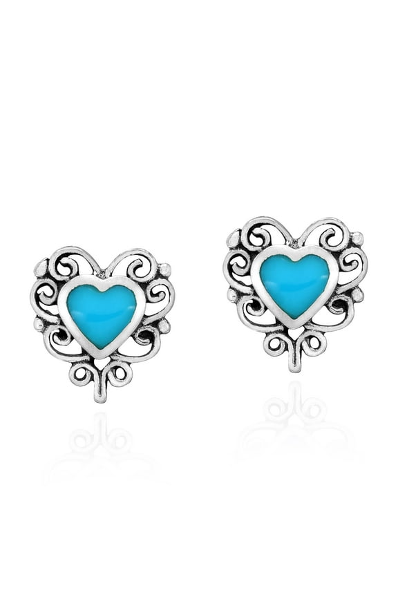 Elegant Simulated Blue Turquoise Heart Sterling Silver Filigree Stud Earrings