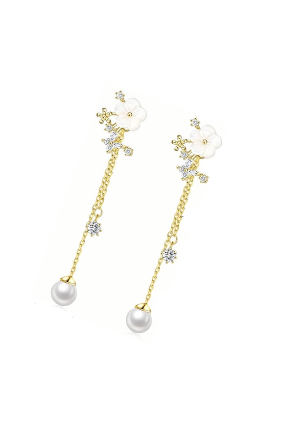 Elegant Simulated Pearls Flower Dangle Earrings Long Gold or Silver Plated Chain Jewelry For Brides Special Occasions