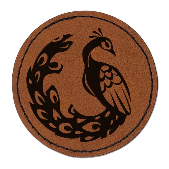 Elegant Sitting Peacock 2.5" Faux Leather Round Engraved Iron-On Patch - Brown