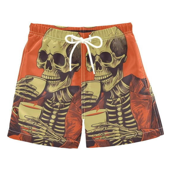 Elegant Skeleton Drinking Coffee Boys Swim Trunks Quick Dry Boy Swim Shorts for 3-14 Years