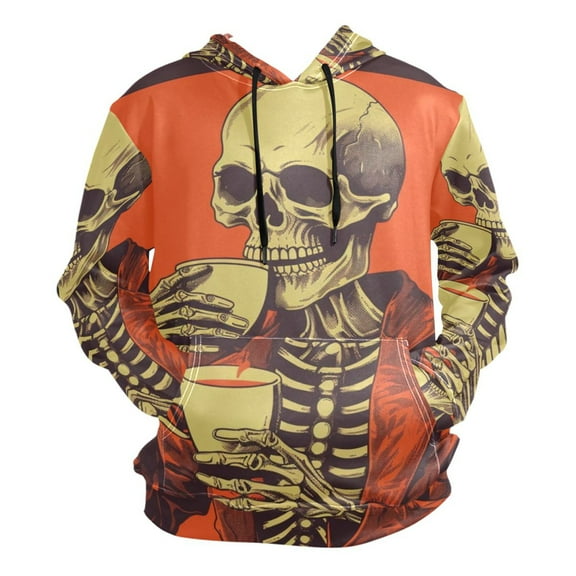 Elegant Skeleton Drinking Coffee Men’s Hoodies Sweatshirt Fleece Jackets Long Sleeve Sweatshirts