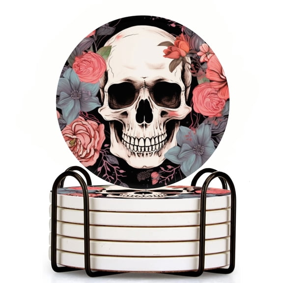 Elegant Skull With Delicate Pastel Flowers Set of 6 Ceramic Coasters with Holder, Absorbent Drink Bar Coasters, Table Coasters for Living Room Decor Tabletop Protection