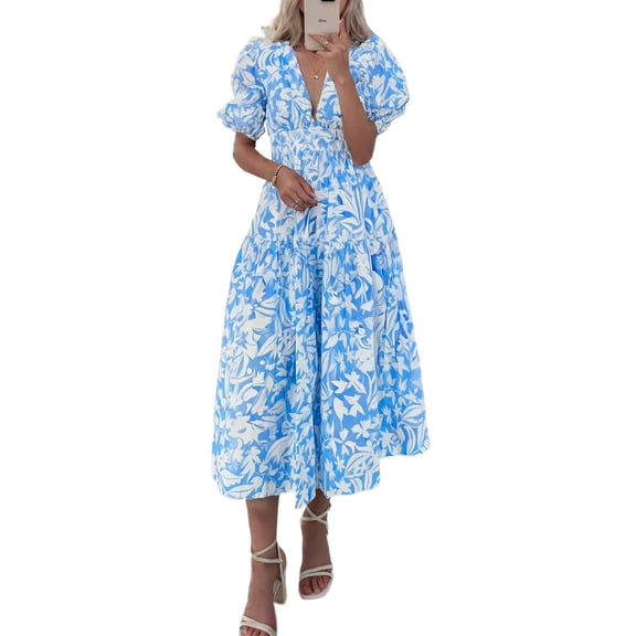 Elegant Sky Blue Floral V Neck Puff Short Sleeve Flowing Maxi Dress | [ZhiHiMeRi] | (US 12-14)L