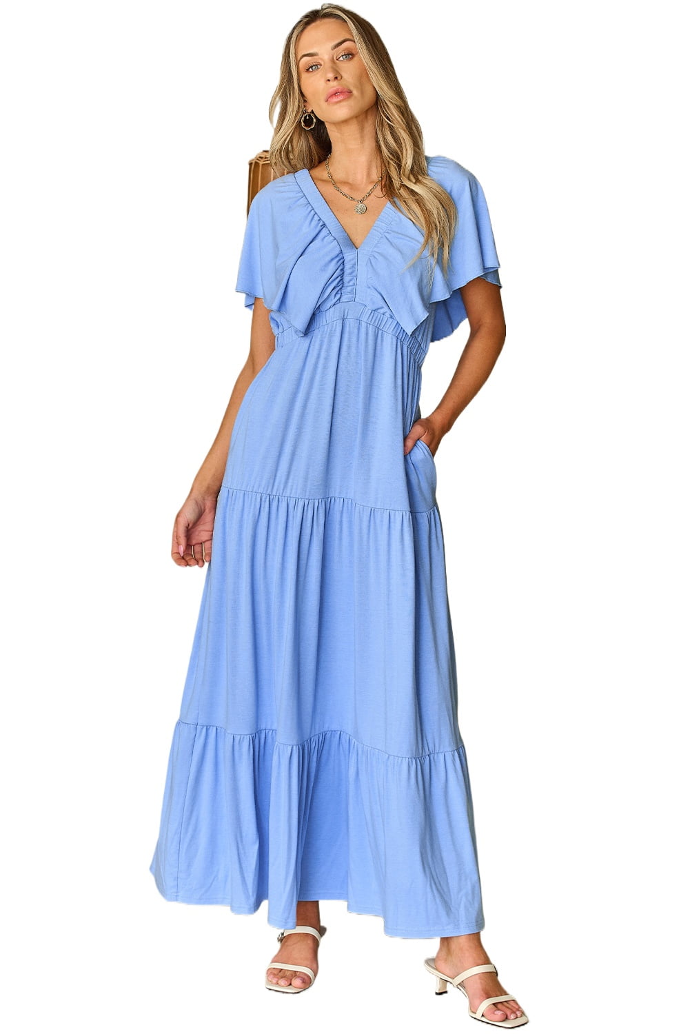 blue textured maxi dress Tavila Blue Textured Maxi Dress with Gathered Bust