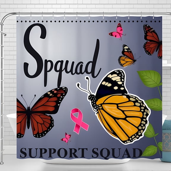 Elegant Slate Grey Shower Curtain with Monarch Butterflies " Support Squad " Script and Pink Ribbon Design