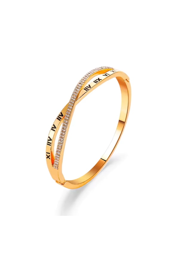 Elegant & Sleek Gold Plated Roman Numeral Cuff Bangle Bracelet with Crystal Accents