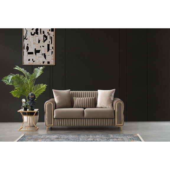 Elegant Sleeper In Taupe Velvet With Tight Back And Gold Accents Modern Contemporary Convertible Sleeping Function