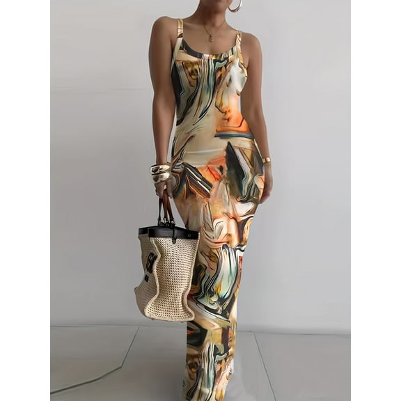 Elegant Sleeveless Crew Neck Bodycon Dress Polyester Knit Fabric All-over Print Middle-Eastern Style for All-season - Adult Elegant Collection