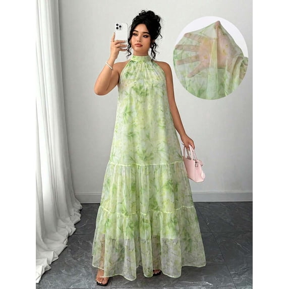 Elegant Sleeveless Green Chiffon Halter Maxi Dress With Tiered Ruffles And Floral Print
