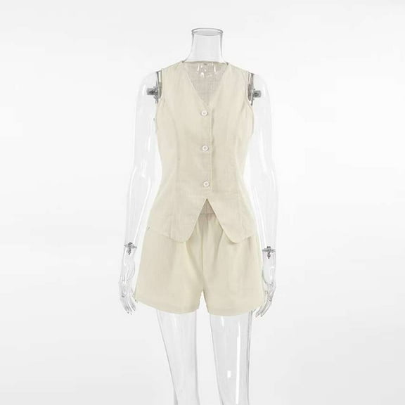 Elegant Sleeveless Suit (L, Beige)