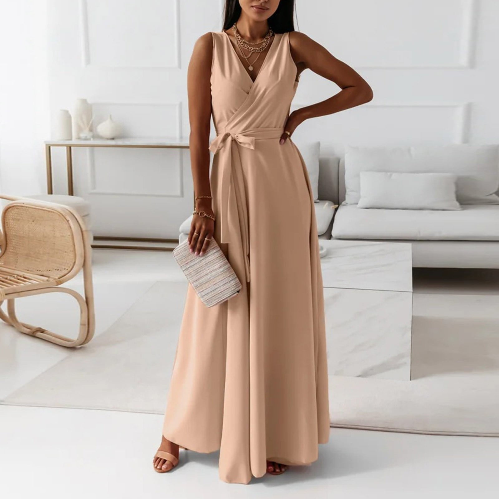 Elegant Sleeveless V Neck Long Dress With Waist Tie For Women For Evening  Parties And Formal Events Champagne Dress Length Formal Wraps Ladies  Spaghetti Strap Dress Bridesmaid Dress Full Length Dress -