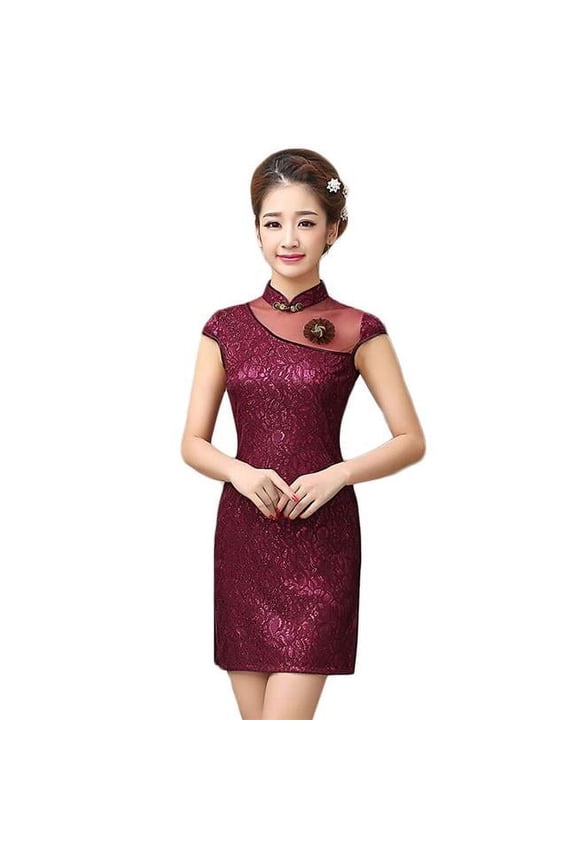 Elegant Slim Cheongsam Traditional Wedding Dress Cheongsam - Wine Red - Large