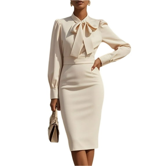 Elegant Slim Party Dresses For Women Fall Long Sleeve Bow Solid Color O-neck Midi Dress Casual Clothes For Woman Long Sleeve round Neck Polyester Dress