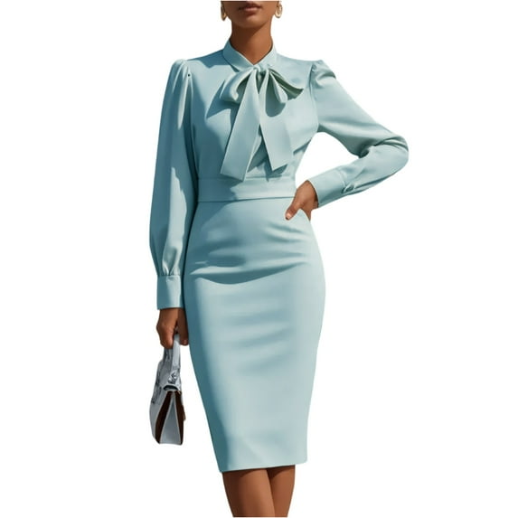Elegant Slim Party Dresses For Women Fall Long Sleeve Bow Solid Color O-neck Midi Dress Casual Clothes For Woman Long Sleeve round Neck Polyester Dress