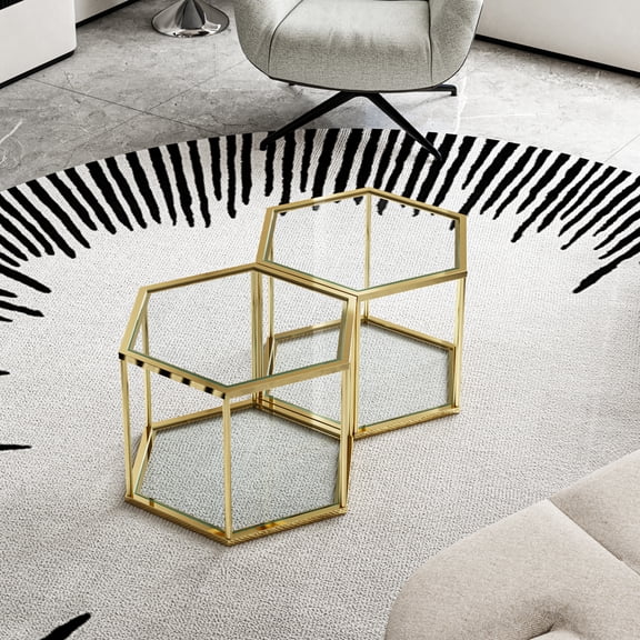 Elegant Small Coffee Table With Gold Stainless Steel Frame And Transparent Tempered Glass Modern Side Double-layer Top