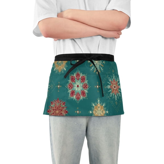 Elegant Snowflake Pattern Christmas Short Server Apron with 3 Pockets for Unisex Chef Gardening
