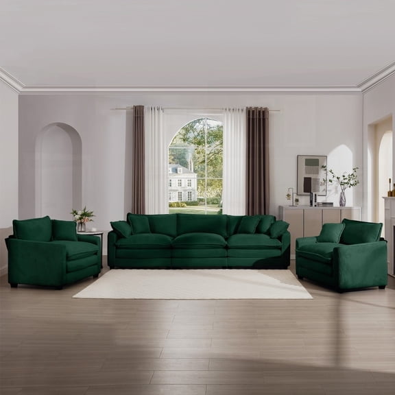 Elegant Sofa Ensemble in Green Corduroy with Soft Cushions and Pillows - Suitable for Living Rooms, Clubs & Home Theater Setups