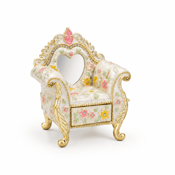 Elegant Sofa Hand-Painted Enamel Trinket Box with Heart-Shaped Mirror