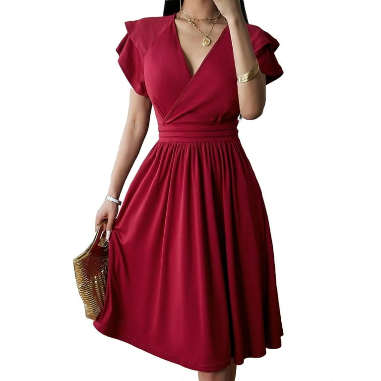 Sweet Elegant Solid Flounce V Neck A Line Dresses(5 Colors) Sweet Elegant Solid Flounce V Neck A Line Dresses(5 Colors)