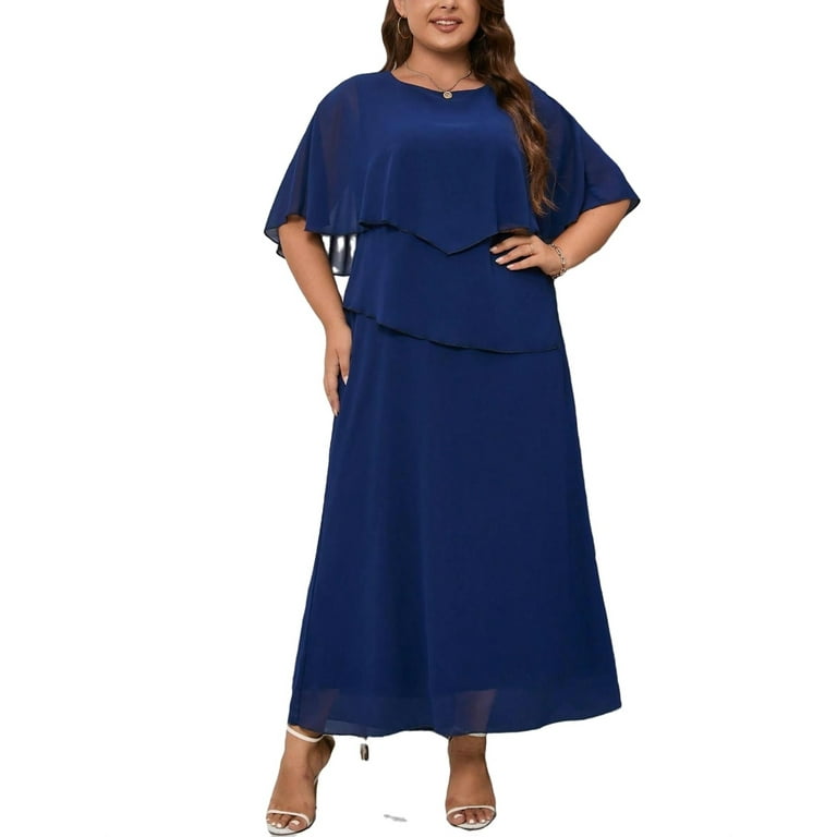 Elegant Solid A Line Round Neck Navy Blue Plus Size Dresses Walmart