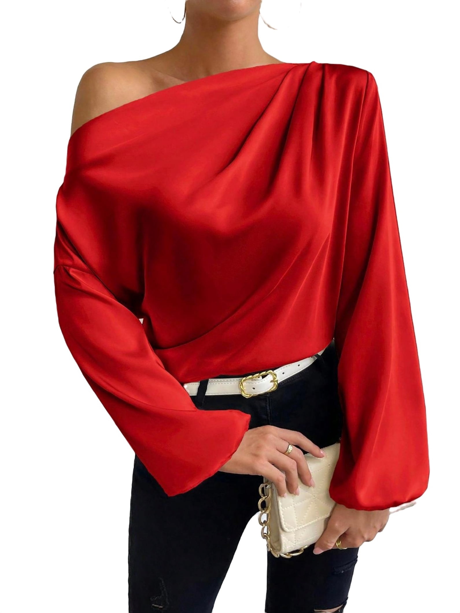 Women's Red Round Neck Long Sleeves Top