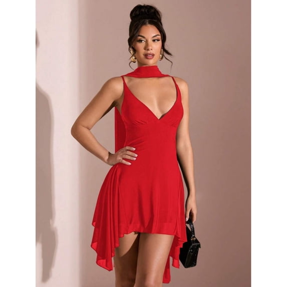 Elegant Solid Black Deep V-Neck Ribbon Mini Dress for Night Out, Parties, Cocktail Events