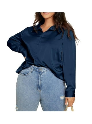  Womens Plus Size Tops 2X Solid Color Long Sleeve Shirts  Blue-1 18W