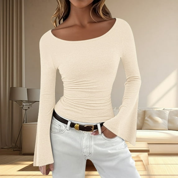 Elegant Solid Color Boat Neck Flared Sleeve Blouse Office Wear Casual Outing Top Casual Boat Neck Bell Sleeve Ribbed Ruched Y2K Clothes,WH2 M